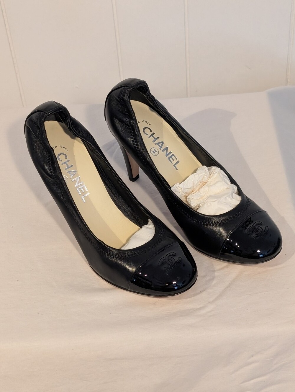 Chanel Black Patent Cap-Toe Leather Pumps